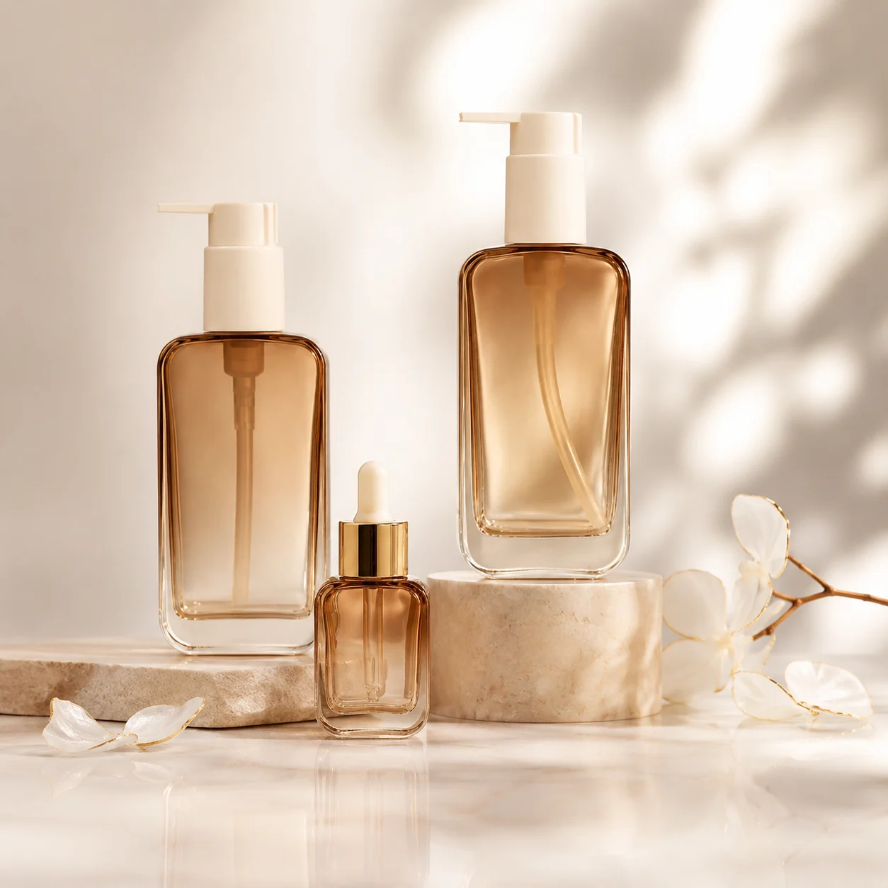Amber Square Glass Cosmetic Bottles