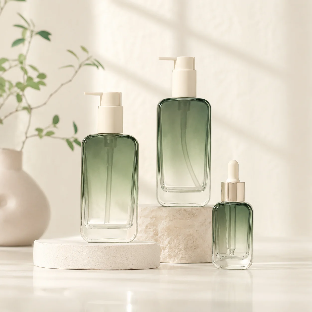 Green Square Glass Cosmetic Bottles