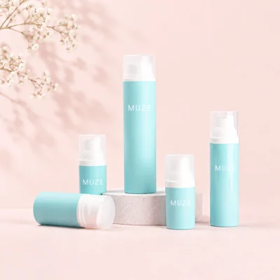 Blue PP airless pump bottle set for skincare packaging by MUZE Packaging