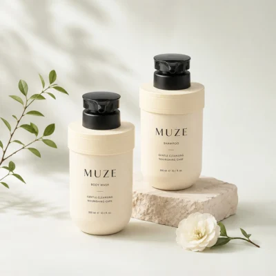 Custom PET shampoo and conditioner pump bottles by MUZE Packaging