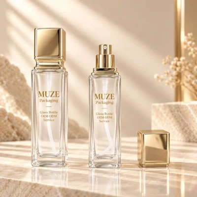 Square glass foundation bottle with gold pump by MUZE Packaging