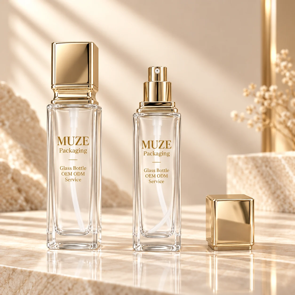 Square glass foundation bottle with gold pump by MUZE Packaging