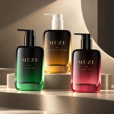 100ml square glass pump bottle for hair body and tanning oil by MUZE Packaging
