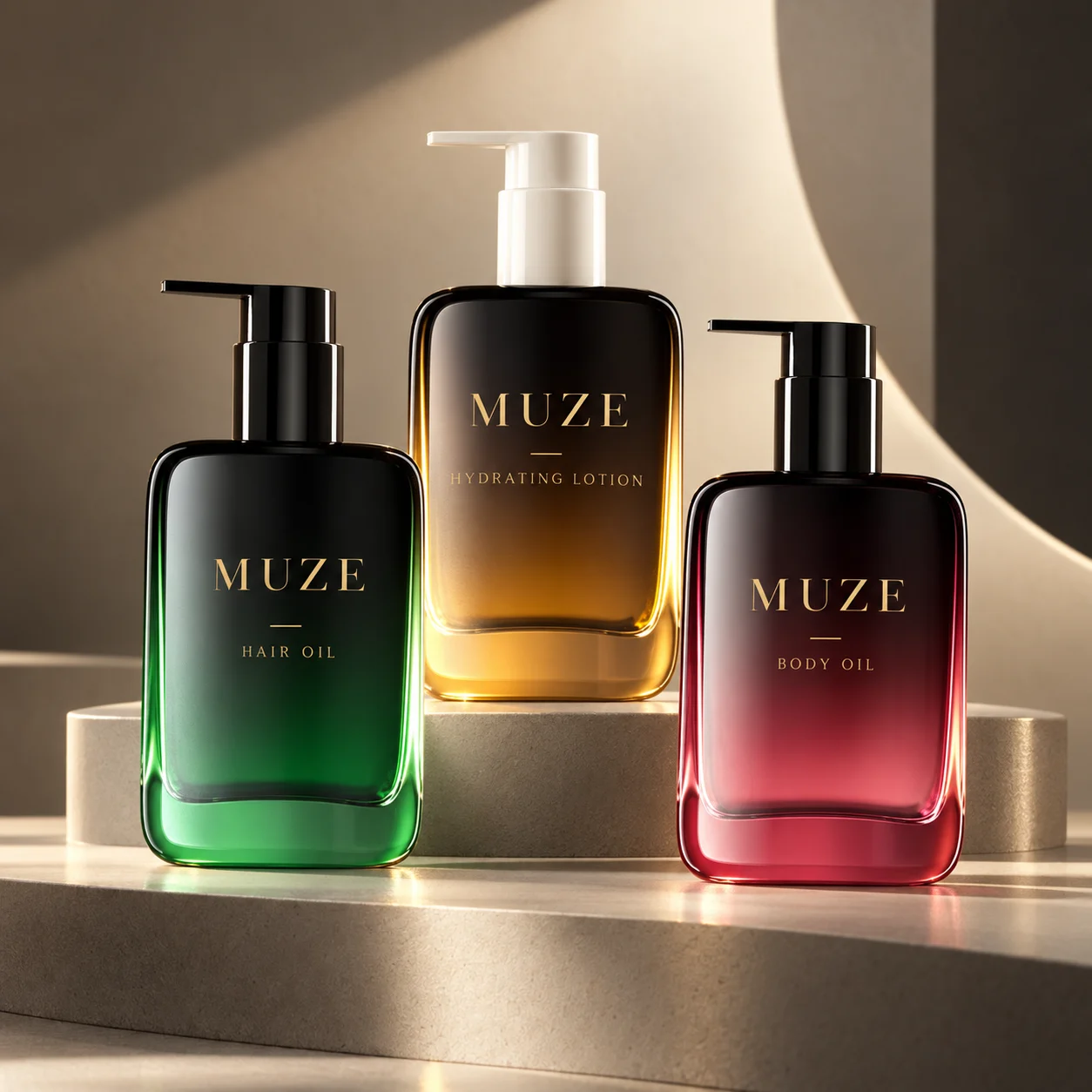 100ml square glass pump bottle for hair body and tanning oil by MUZE Packaging